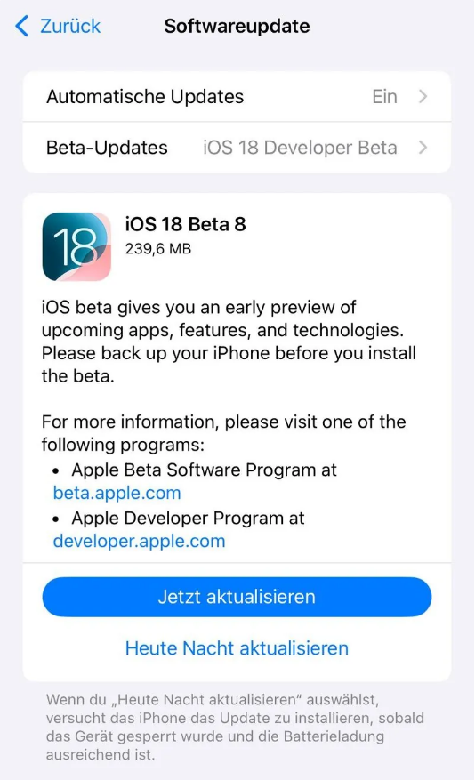 乌拉特后苹果手机维修分享苹果 iOS / iPadOS 18 开发者预览版 Beta 8 发布 